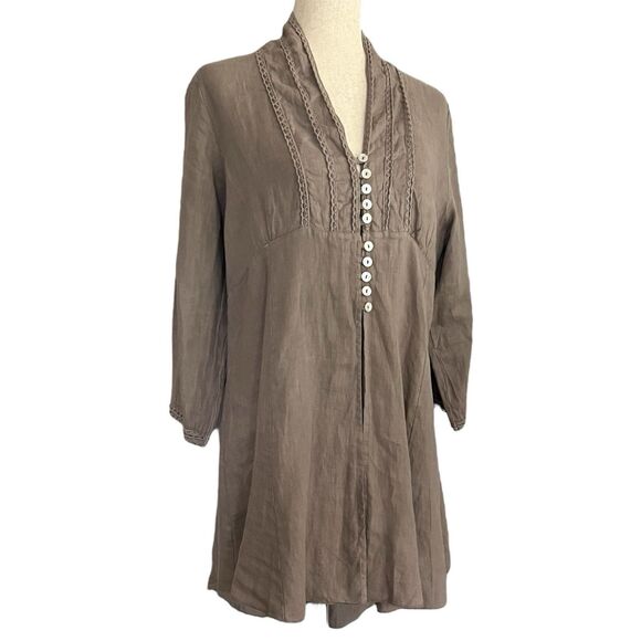 Romeo Giulia Lagenlook Linen Tunic Size M Taupe Embroidered Cottage Boho Artsy - Picture 15 of 15